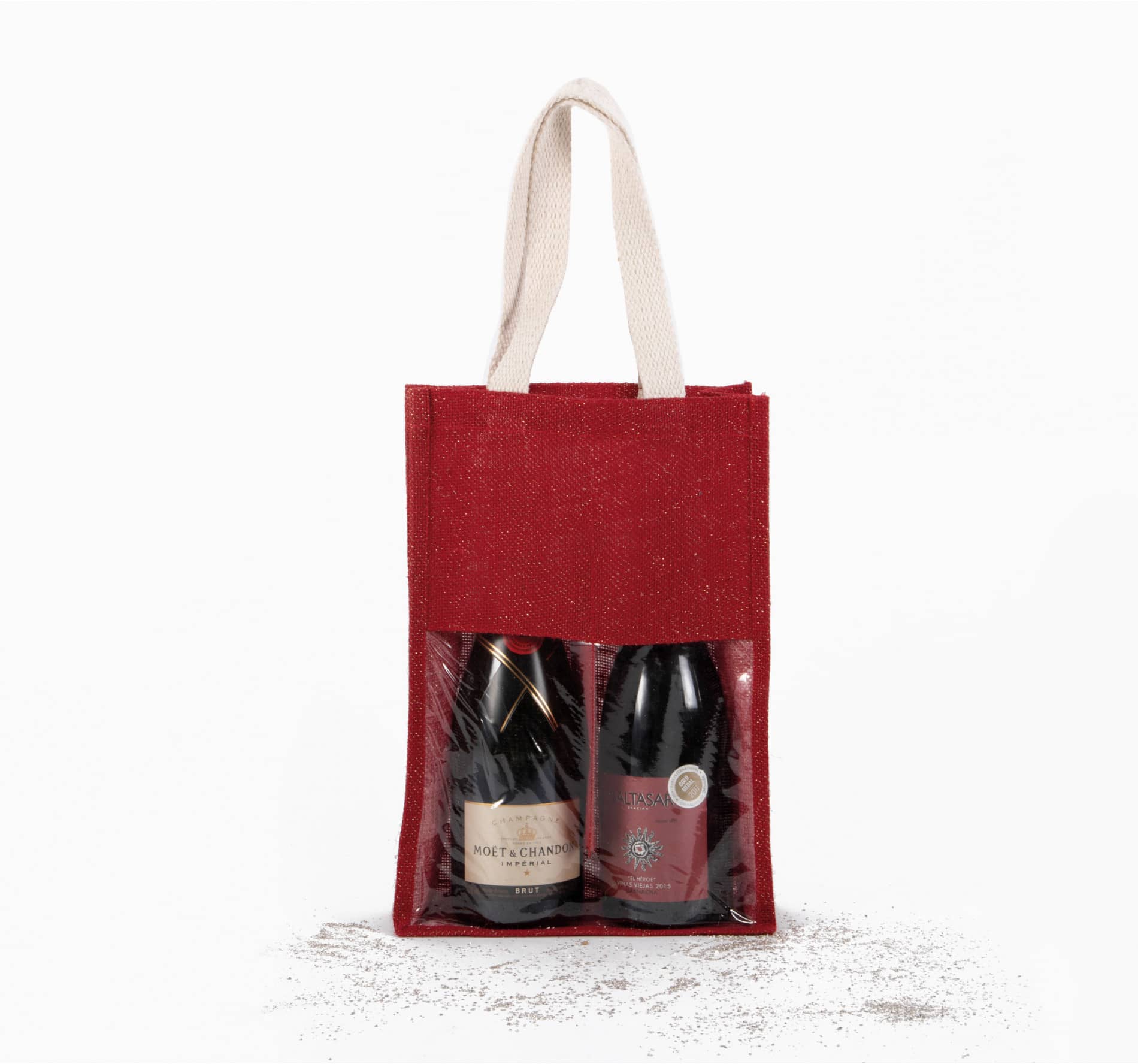 Jute-Flaschenbeutel - Black/Silver - Cherry/Gold - 2 Flaschen